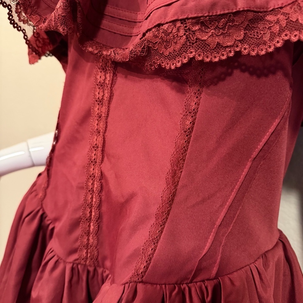 Shein Off-Shoulder Burgundy Dress with Lace Trim - Picture 8 of 10